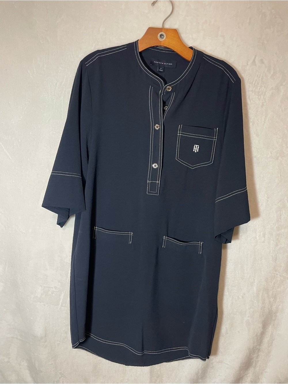 Tommy Hilfiger Navy Short-Sleeve Henley with Contrast Stitching